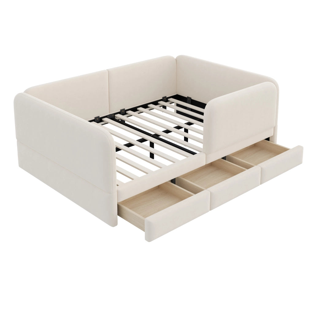 Letto con cassetti 140 × 200 cm imbottito con bordo perimetrale rivestito in velluto beige
