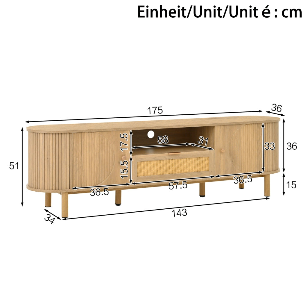 Mobile TV 175x36x51 cm con cassetto in rattan; 2 ante; passacavi; MDF e gambe in metallo; naturale