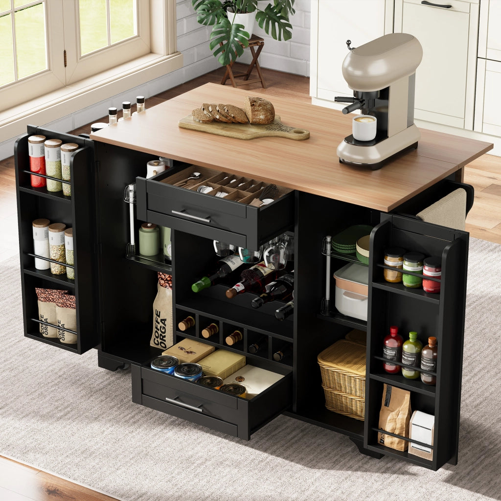 Carrello da cucina con piano pieghevole in MDF, 138 x 70 x 92 cm, nero e legno naturale