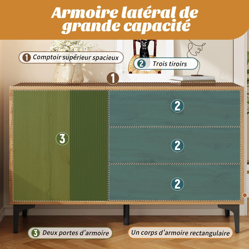 OKWISH Credenza con 1 Anta e 3 Cassetti, Piedini in Metallo, per Soggiorno e Sala da Pranzo, Nero e Naturale, 120 x 35 x 76 cm