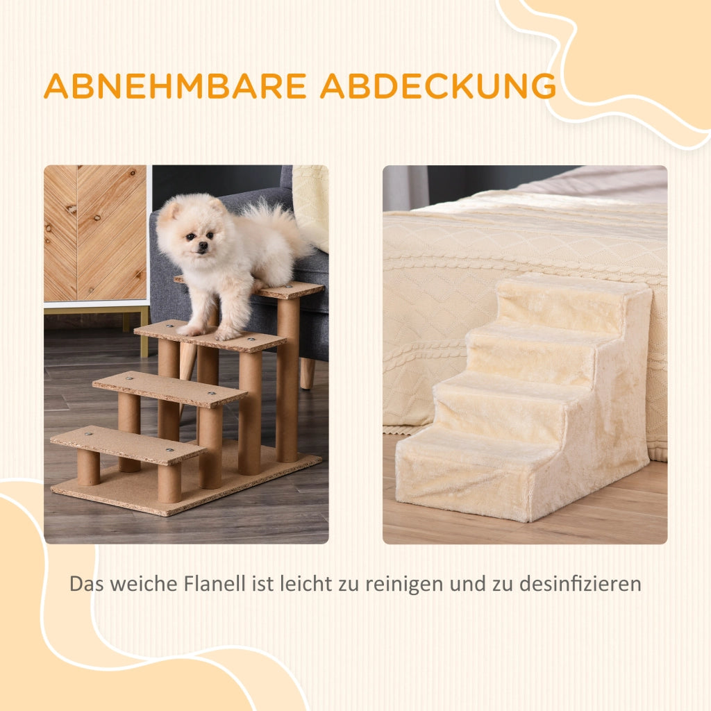 Scaletta per animali a 4 gradini con rivestimento in peluche rimovibile beige per divano o letto 60 × 35 × 44 cm