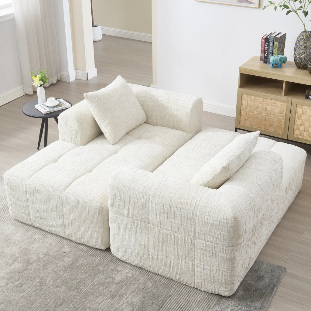 Divano 3 posti con penisola in ciniglia beige; 250 cm; senza montaggio; con tasche laterali e 3 cuscini