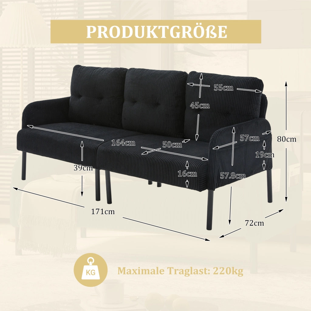 Divano 3 sedili 171 x 72 x 80 cm; sedile imbottito; schienale alto; tasche laterali; gambe in metallo; velluto a coste; nero