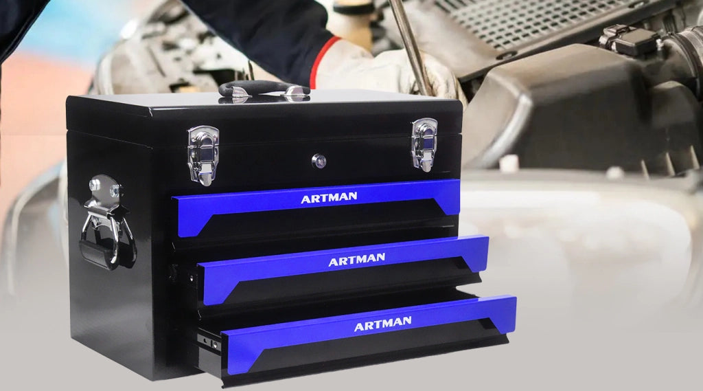 Cassetta per Attrezzi in Acciaio 508 mm con 3 Cassetti, Chiusure Metalliche, Maniglia, Nero e Blu