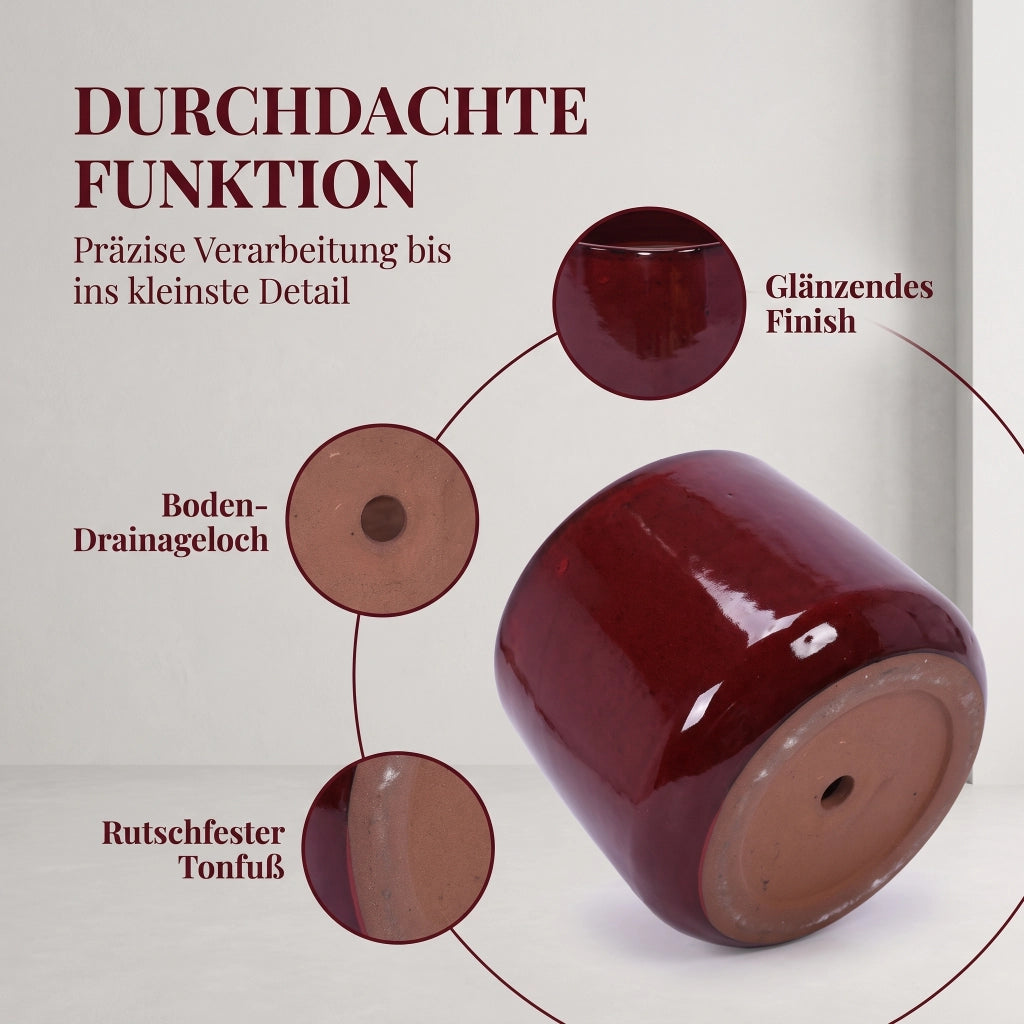 Vasi da fiori set di 4 in ceramica con foro di drenaggio smaltati rosso lucido per interno balcone e giardino