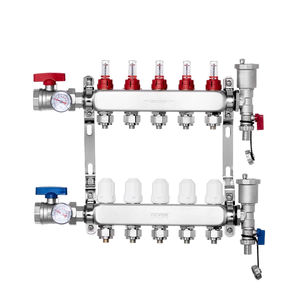 Kit Collettore di Riscaldamento Radiante a 5 Rami Modello 7012-25-05-00, Acciaio Inossidabile SUS304 12,7 mm, Durevole, per PEX e Pavimento Idronico
