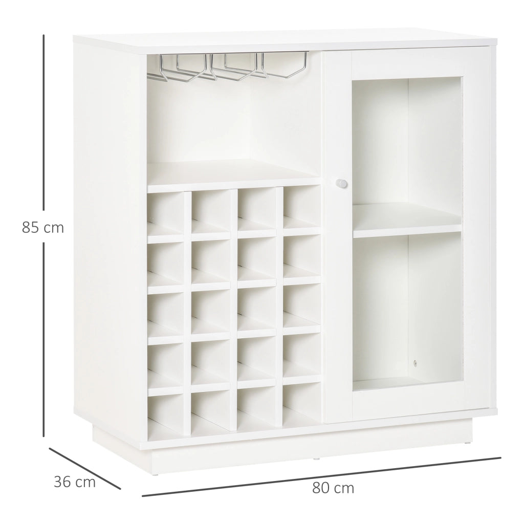 Mobiletto Portabottiglie per Vino con Porta Calici e Armadietto, Cantinetta 20 Bottiglie Bianco, Robusto per Casa, 80x36x85 cm