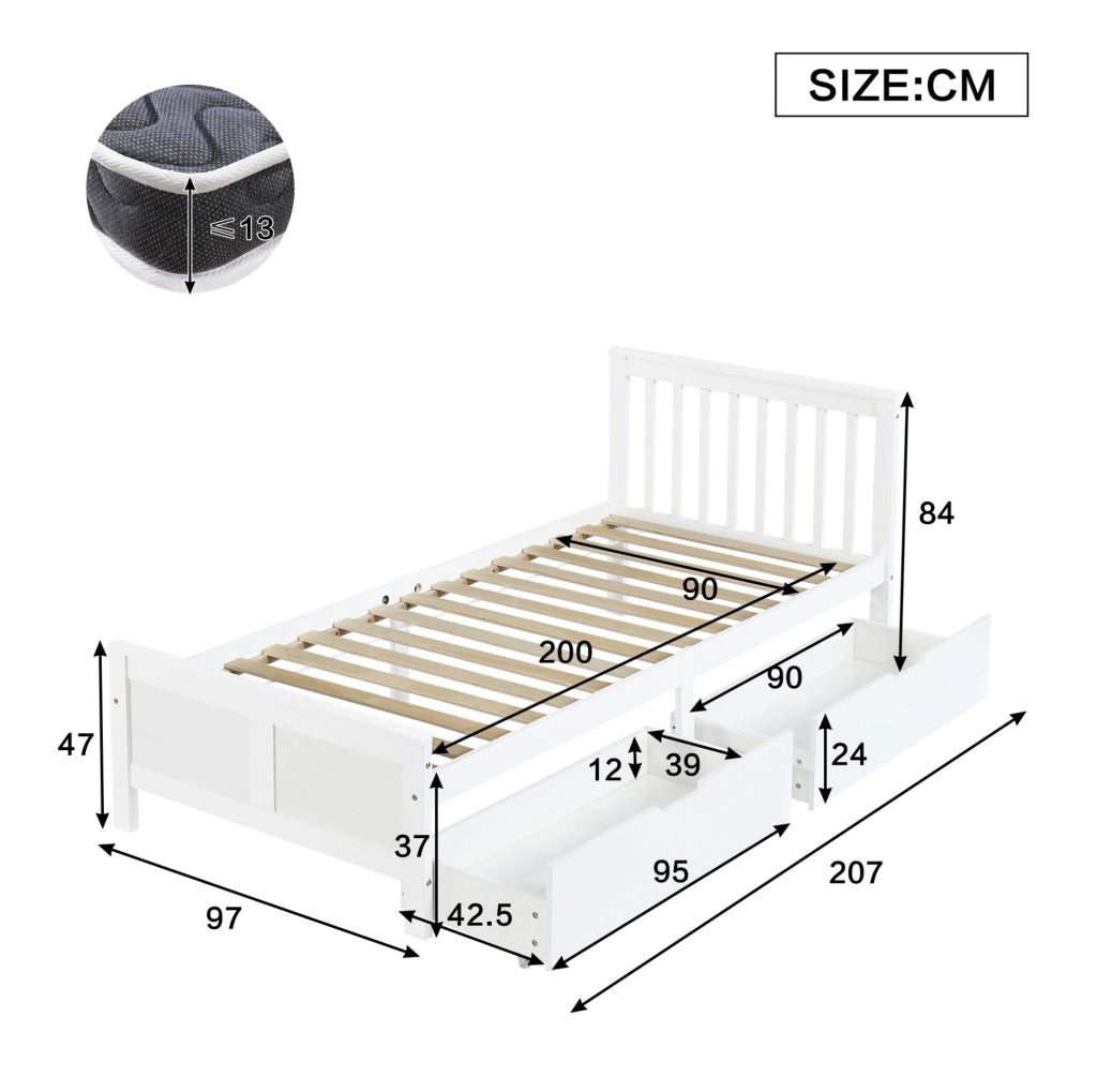 Letto singolo in pino bianco 90x200 cm con 2 cassetti e rete a doghe