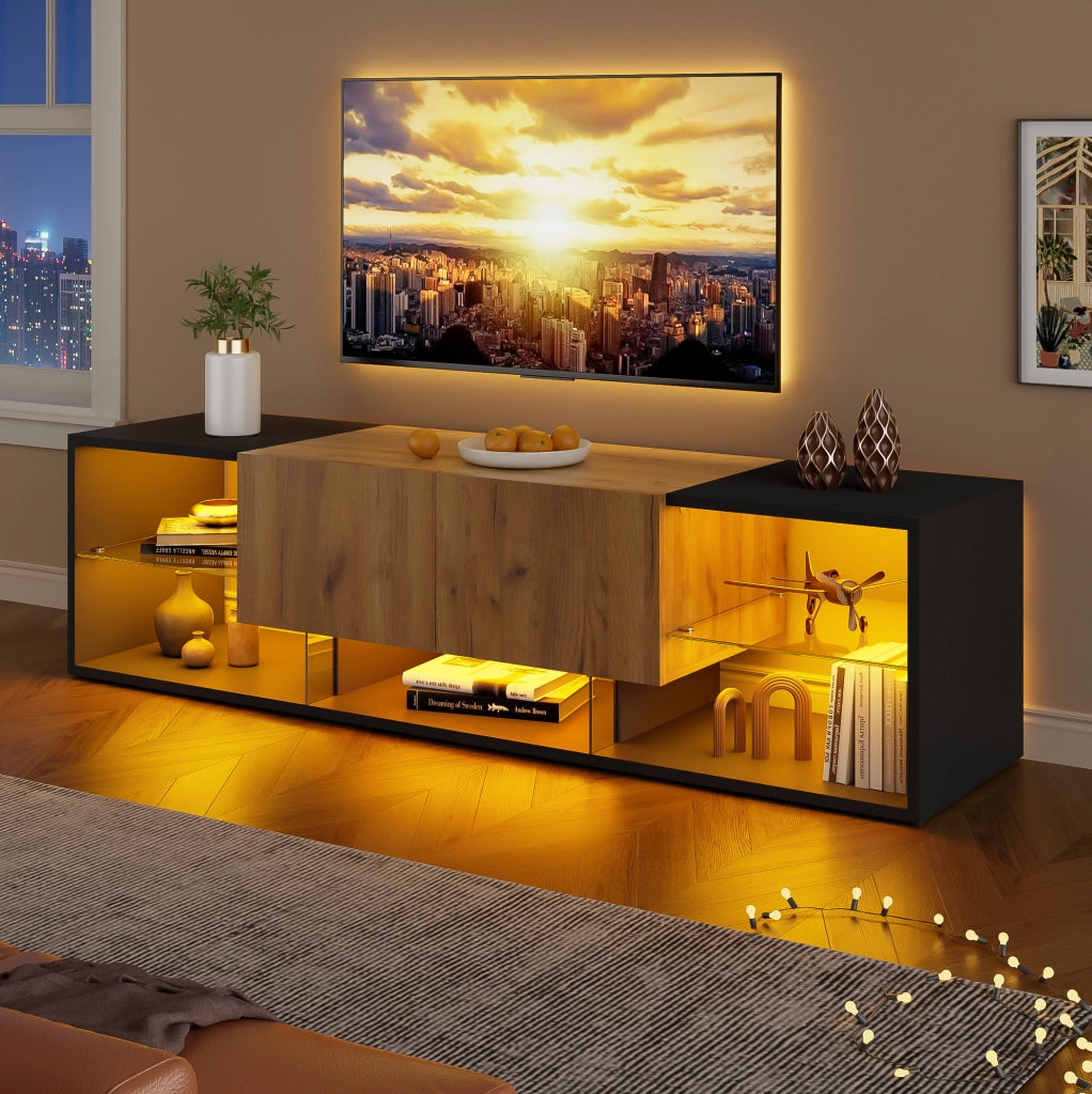 Mobile TV moderno con LED, 2 cassetti e ripiani in effetto legno nero e naturale