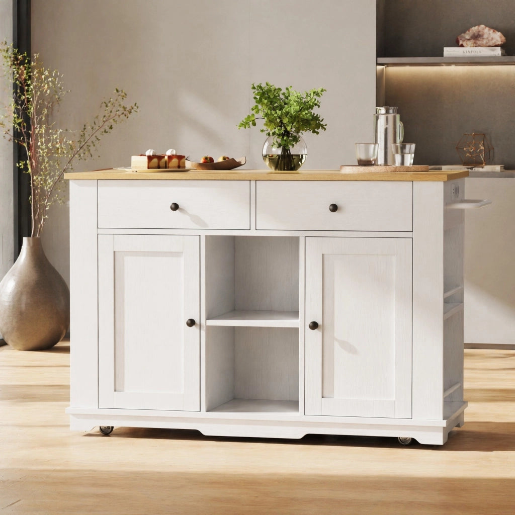 Isola cucina su ruote con piano pieghevole e prese; 151;5x84;7x91;7 cm; bianco e naturale