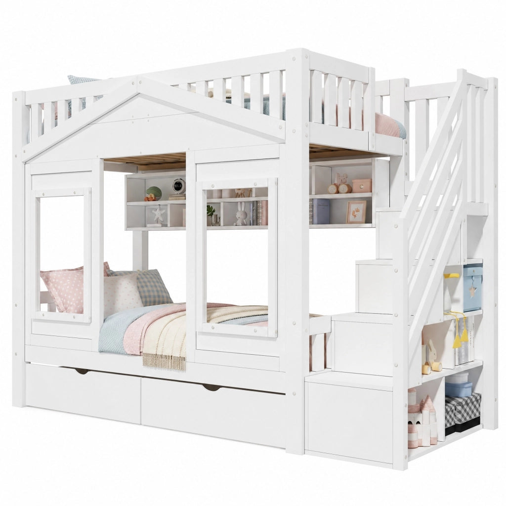 Letto a soppalco per bambini 90 × 200 cm con scala contenitore legno di pino e MDF bianco con cassetto