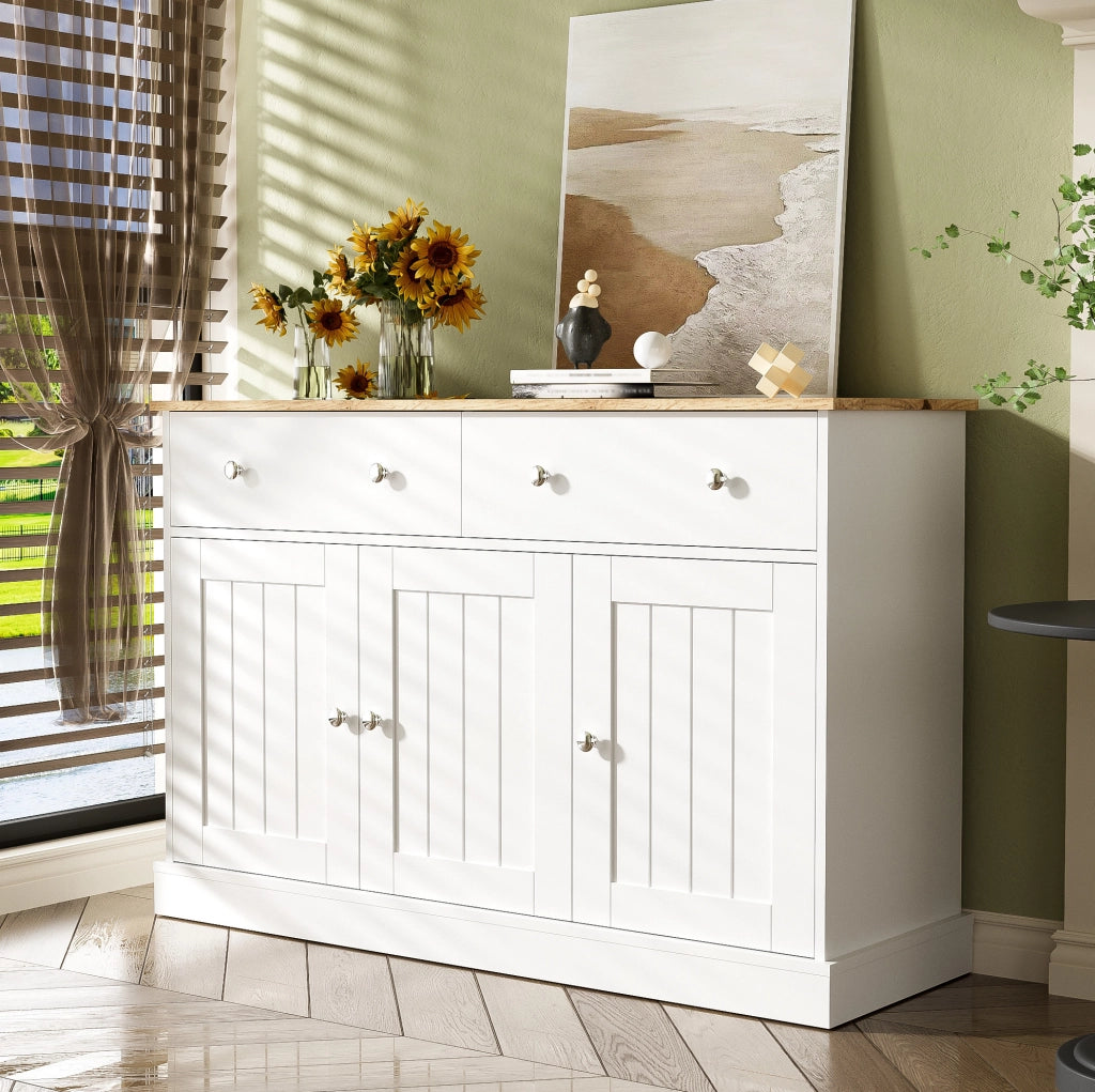 Credenza bianca e legno con texture incisa, 120x36x80,5 cm, 3 ante e 2 cassetti