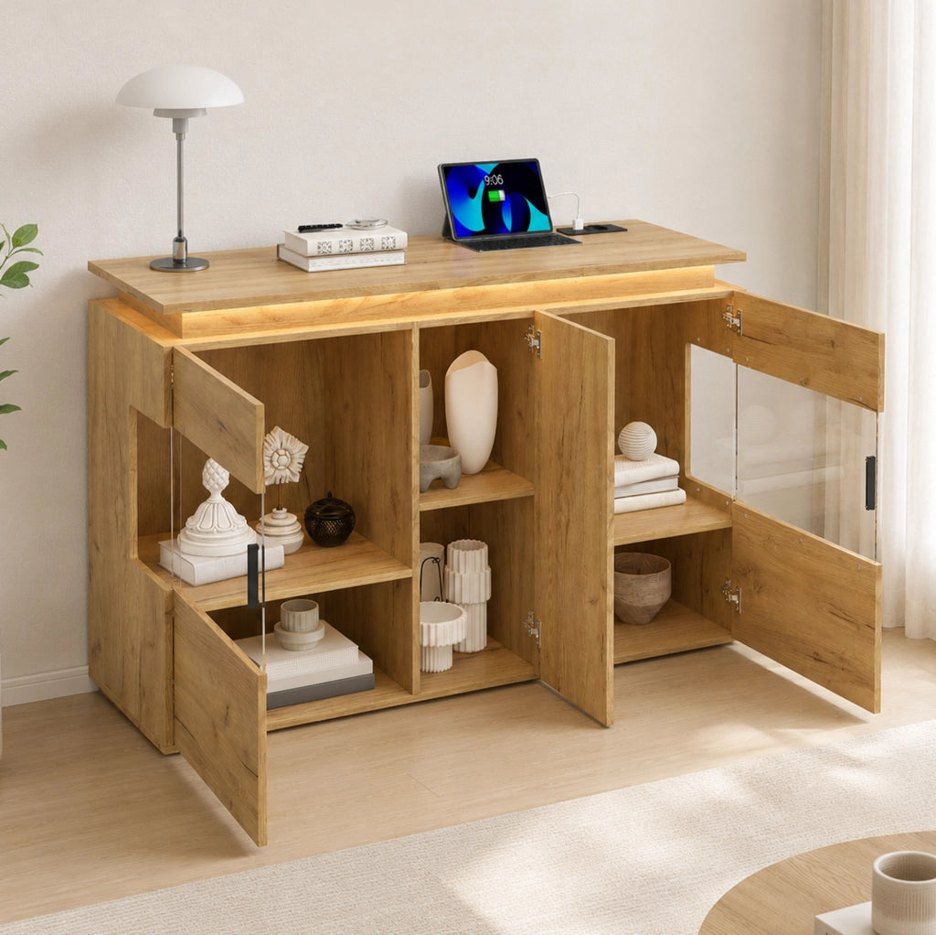 Buffet con illuminazione LED, prese USB e Type-C, anta in vetro e finitura effetto legno, 120x40x79,5 cm