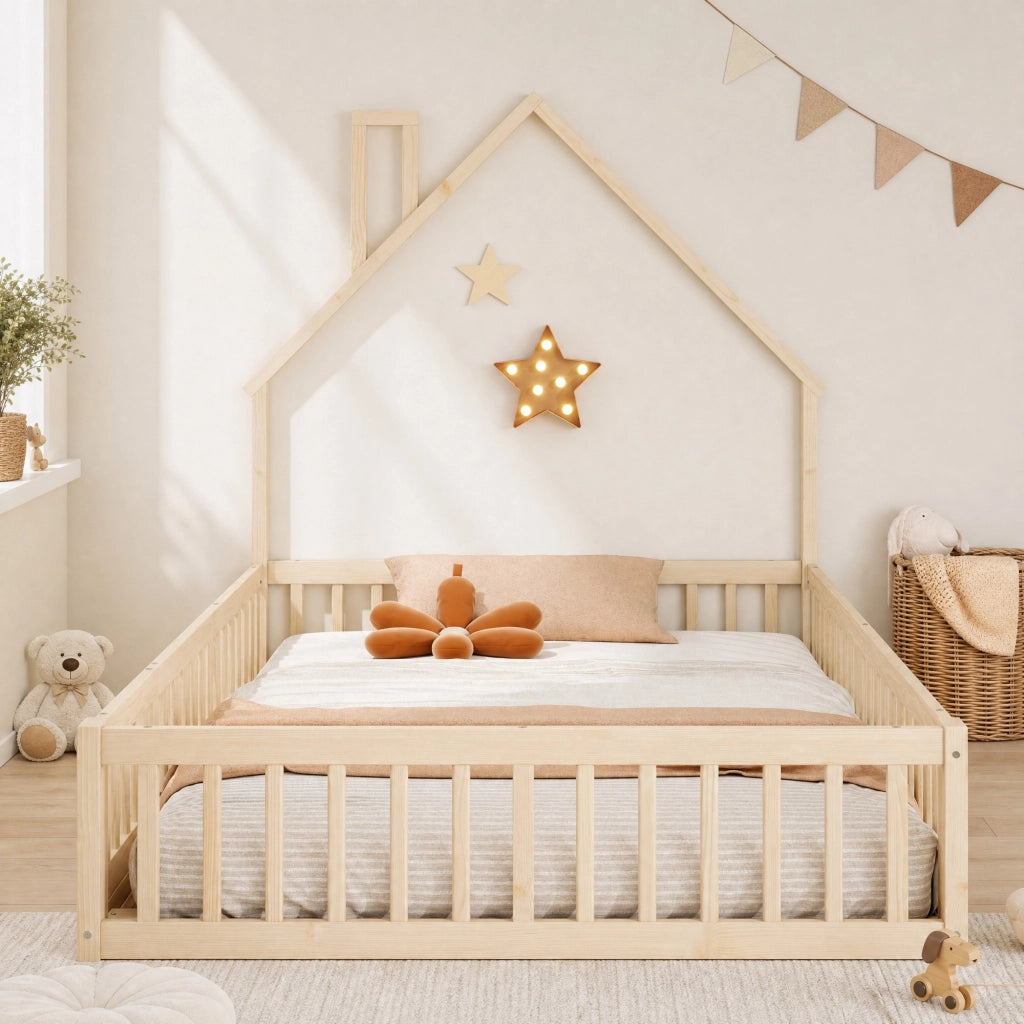 Letto a casetta per bambini 140 x 190 cm con rete a doghe; pino e MDF; naturale