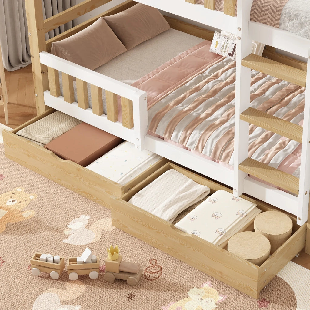 Letto a castello in legno 90x200 cm, bianco/naturale, divisibile in 2 letti singoli, con scala, protezione anticaduta rialzata e 2 cassetti