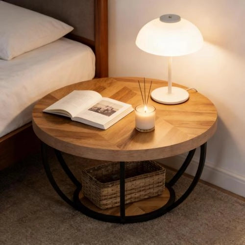 Tavolino basso rotondo a 2 ripiani in legno e metallo, design moderno per soggiorno, ufficio e reception