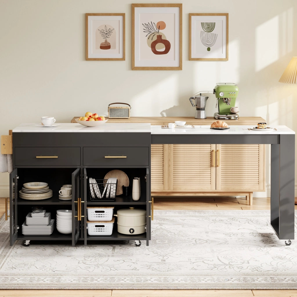 Tavolo alto da cucina estraibile con mobili contenitore; ripiani regolabili; ruote e freni in MDF nero 132.5–217 × 50 × 93 cm