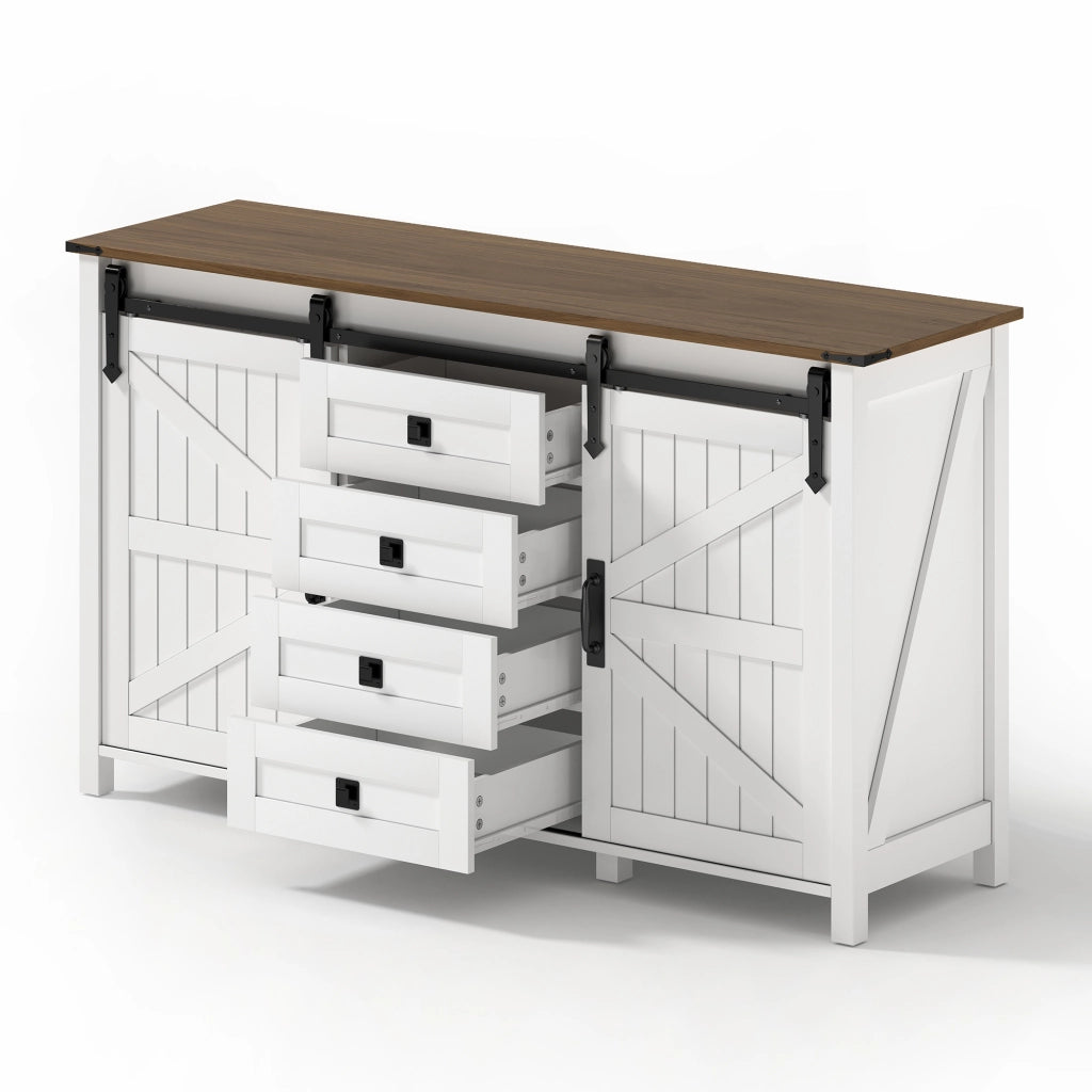 Credenza con 2 ante scorrevoli e 4 cassetti; mobile contenitore in MDF per cucina; sala da pranzo e soggiorno; bianco; 137 × 40 × 81.5 cm