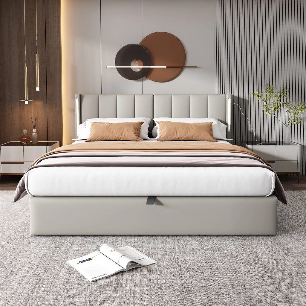 Letto contenitore LED 140x190 cm; matrimoniale con contenitore idraulico; USB; testiera regolabile; PU effetto ciottoli; grigio