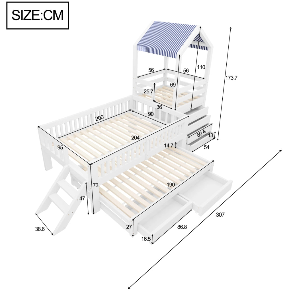 Letto per bambini a soppalco 90x200 cm con lettino estraibile 90x190 cm, struttura in legno massello bianco con scaletta laterale e cassettiera a 4 cassetti