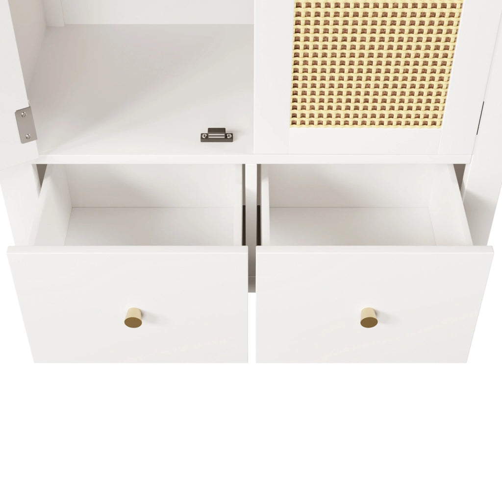 Armadio guardaroba 181x78x45 cm in MDF bianco con intreccio in rattan, 2 ante con chiusura magnetica, 2 cassetti, barra appendiabiti e apertura a mezzaluna