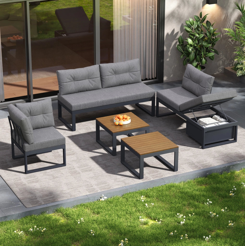 Set Salotto da Giardino Modulare con Schienale Regolabile a 3 Posizioni, Cuscini Spessi e Imbottiti, Tessuto Poliestere Resistente per Terrazza, Balcone e Giardino, Grigio Scuro