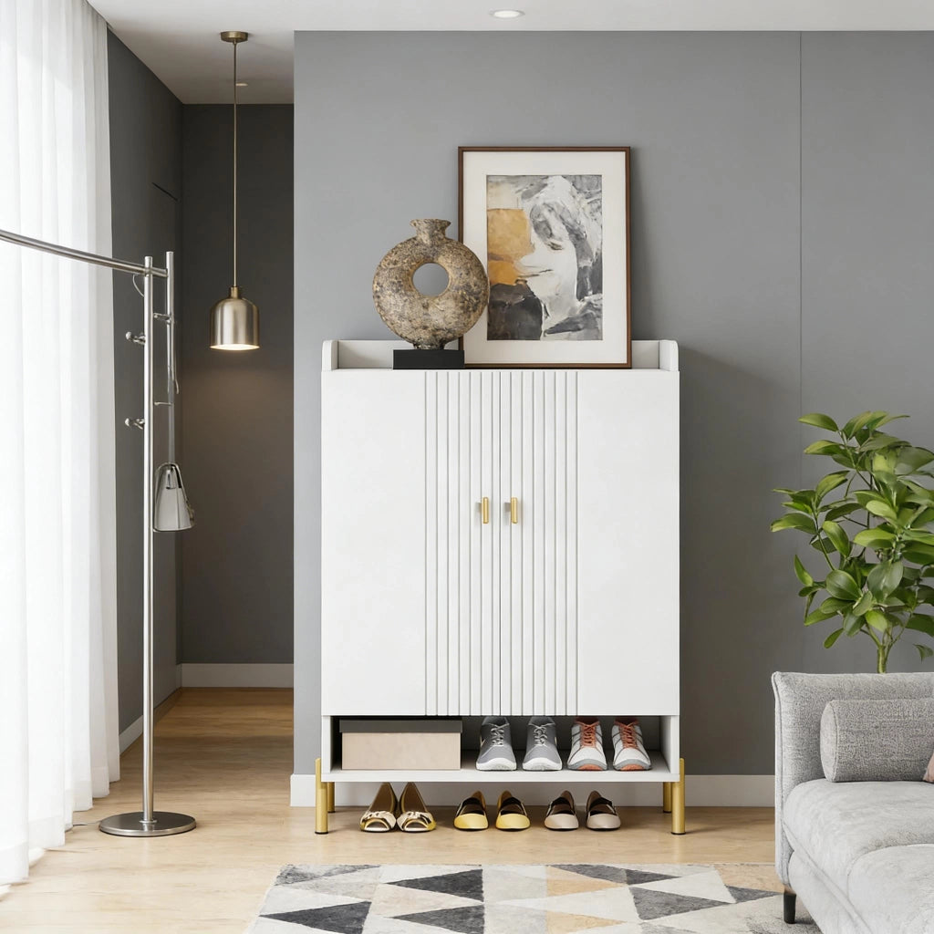 Scarpiera a 6 ripiani con 2 ante e piano d'appoggio in metallo e legno bianco e oro 75 × 36.5 × 110 cm