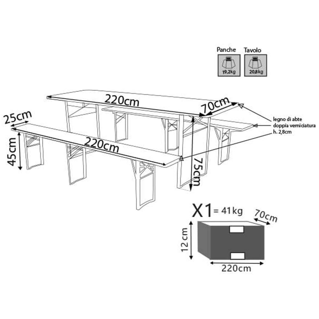 Set tavolo 220x70 cm e panche 220x25 cm a tre gambe in legno di abete mod. Birreria