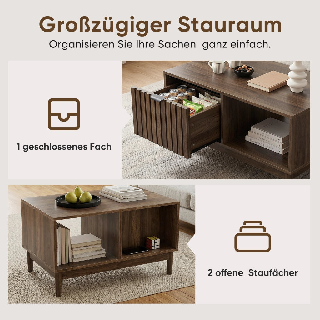 Tavolino basso con vani aperti e nicchia, gambe in legno massello, stile moderno mid-century, in MDF, noce