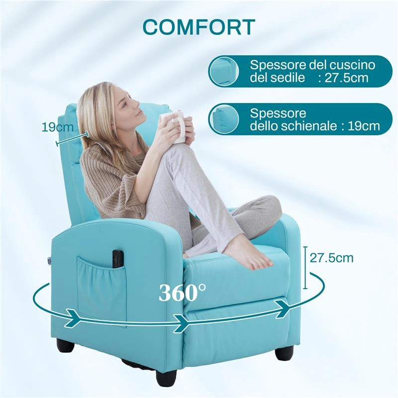 POLTRONA RELAX MASSAGGIANTE CON TELECOMANDO E 8 PROGRAMMI, RECLINAZIONE E POGGIAPIEDI, AZZURRO