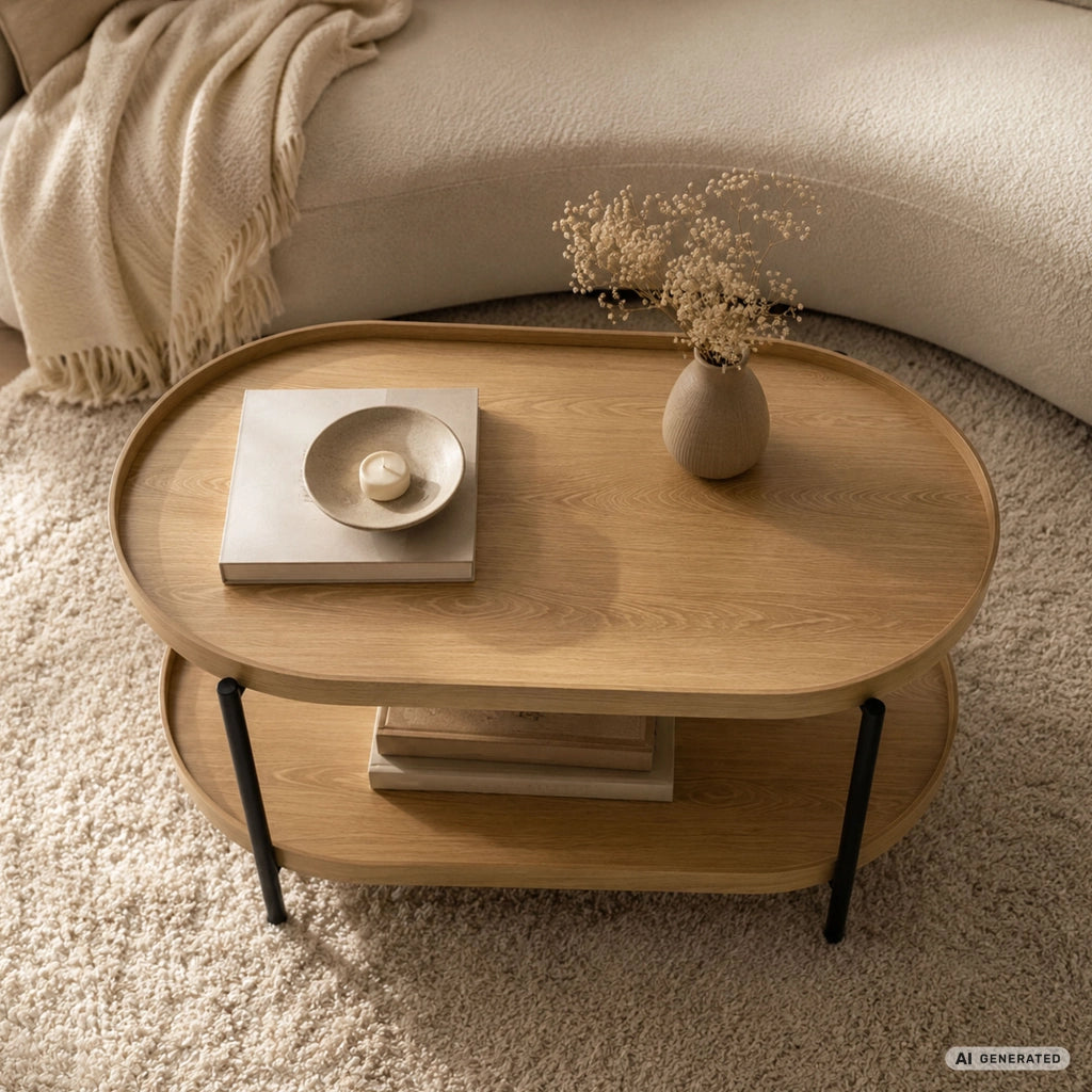 Tavolino da salotto stile loft CORTADO 90 cm ovale con ripiano legno naturale gambe nere