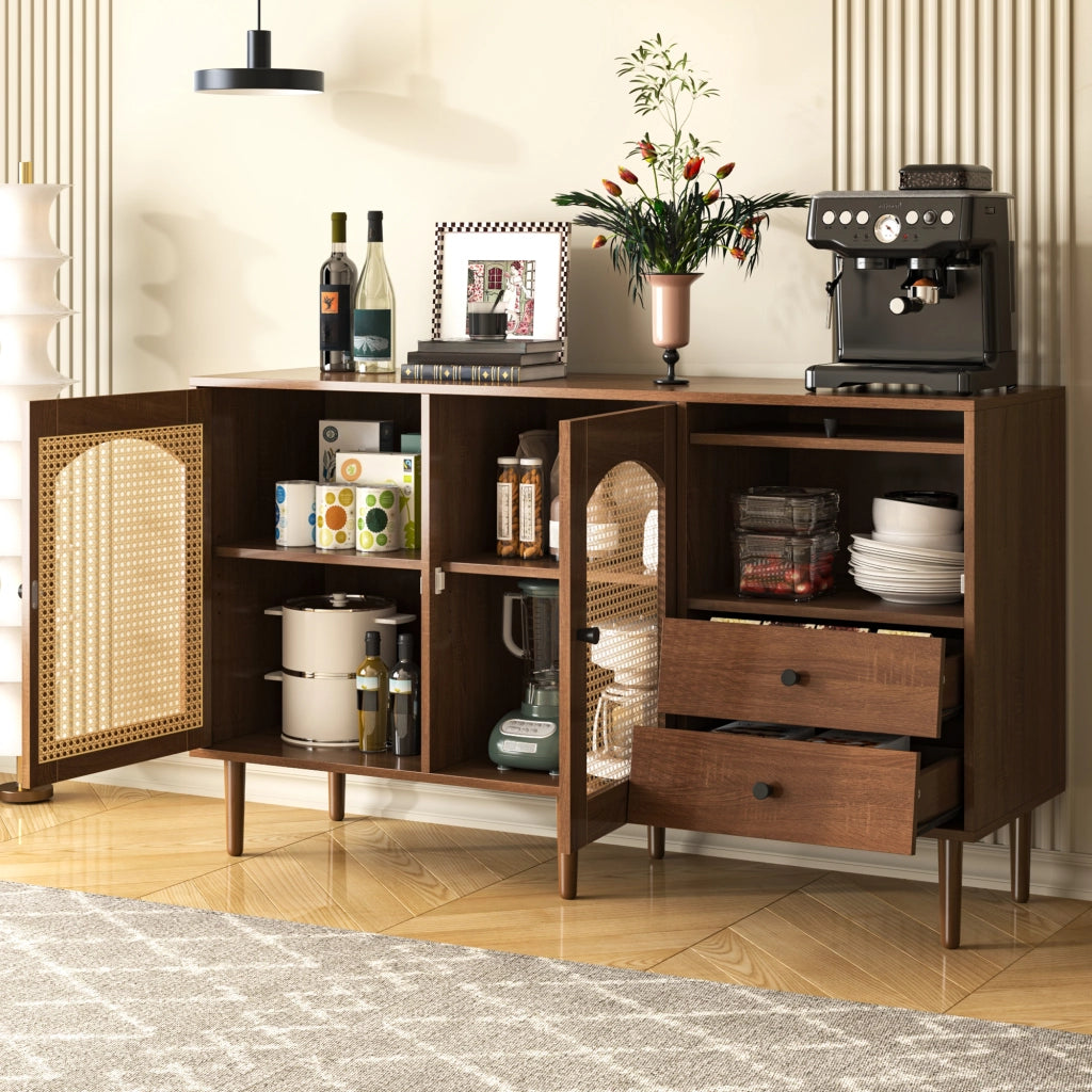 Credenza stile rustico con ante in rattan e ripiani regolabili per soggiorno o ingresso in truciolare colore legno