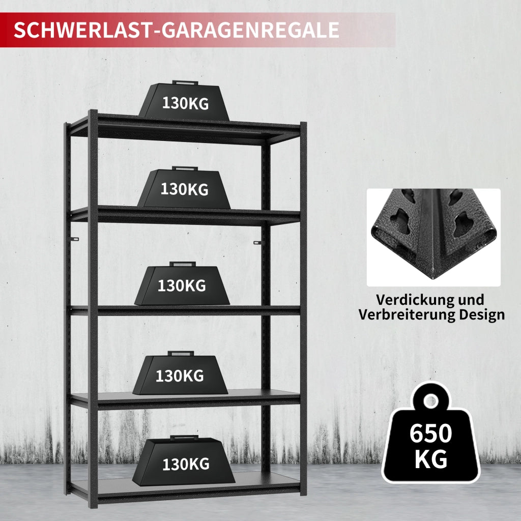 Scaffale in metallo a 5 ripiani regolabili portata 650 kg senza bulloni per garage magazzino e officina nero