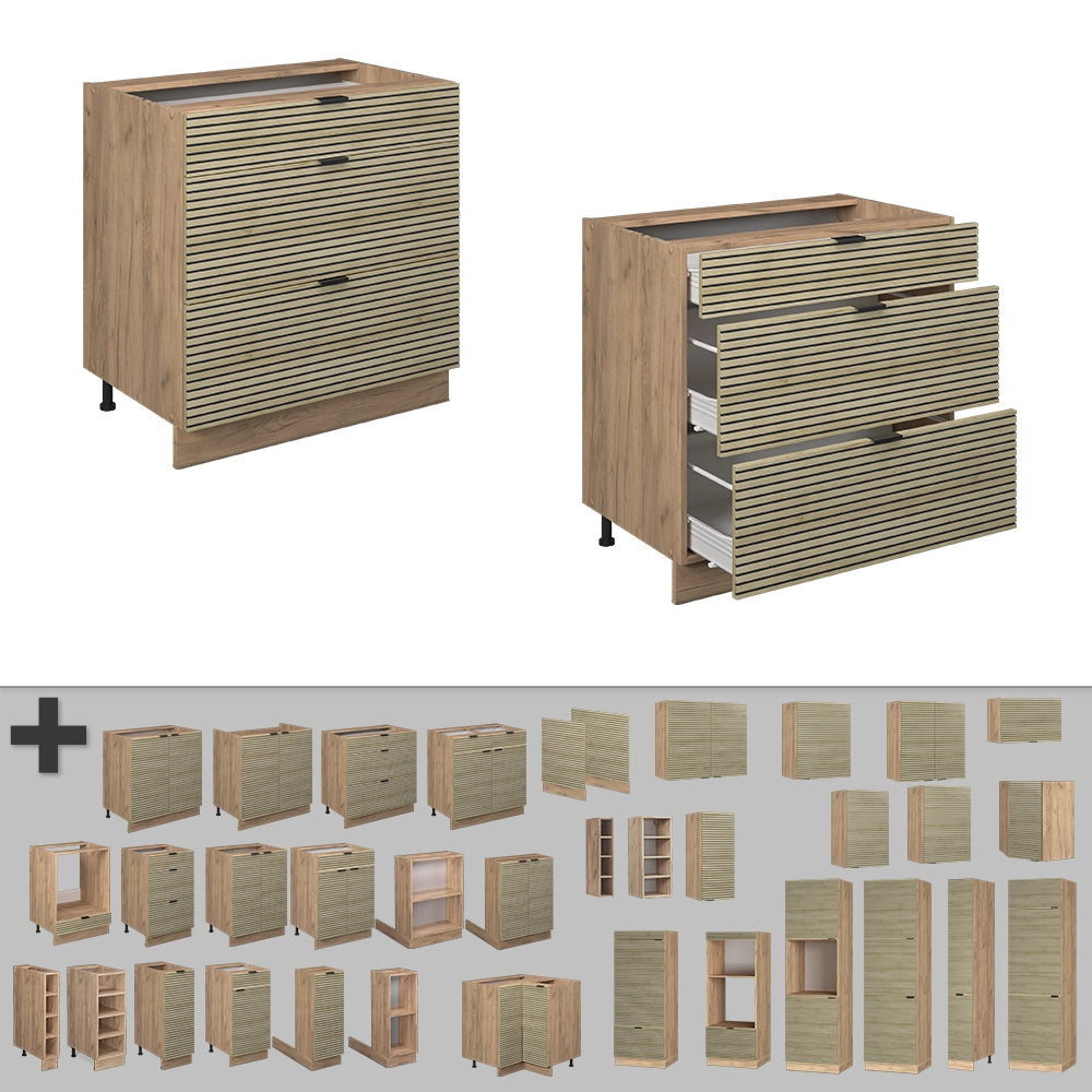 Mobiletto base per cucina Fame-Line Pannello in quercia/Rovere dorato 80 cm con 3 cassetti, senza AP Vicco