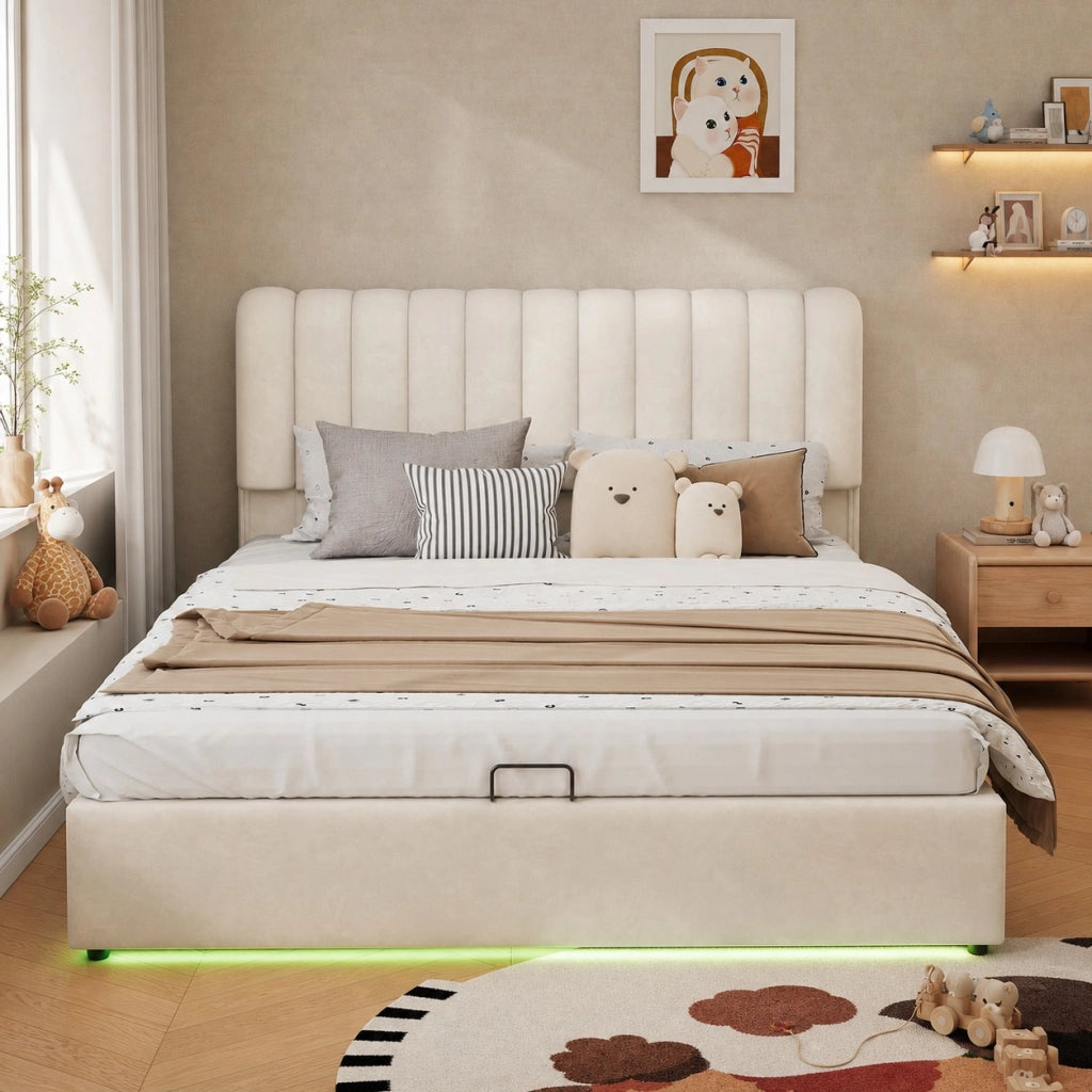 Letto per bambini imbottito 140 × 200 cm con vano contenitore idraulico 3 cassetti velluto beige LED