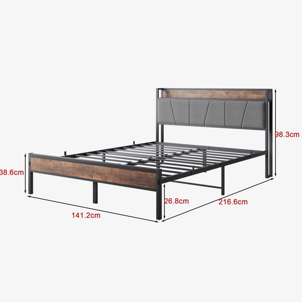 Letto 140x200 cm con LED, USB e presa, testiera contenitore in MDF e metallo