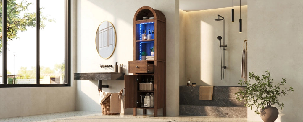 Mobile bagno alto 163 cm con LED RGB, ante reversibili, cassetto, chiusura soft-close, finitura noce 40×30×163 cm