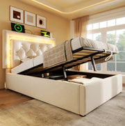 Letto 90x200 cm in velluto beige con LED, USB, Type-C e contenitore idraulico