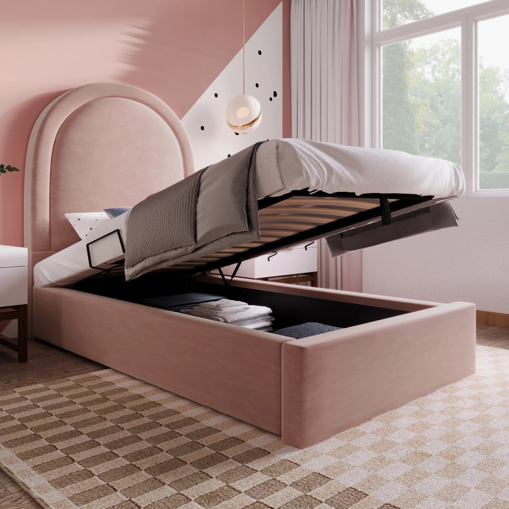 Letto contenitore 90 × 190 cm con testiera imbottita rivestita in velluto rosa e rete a doghe idraulica