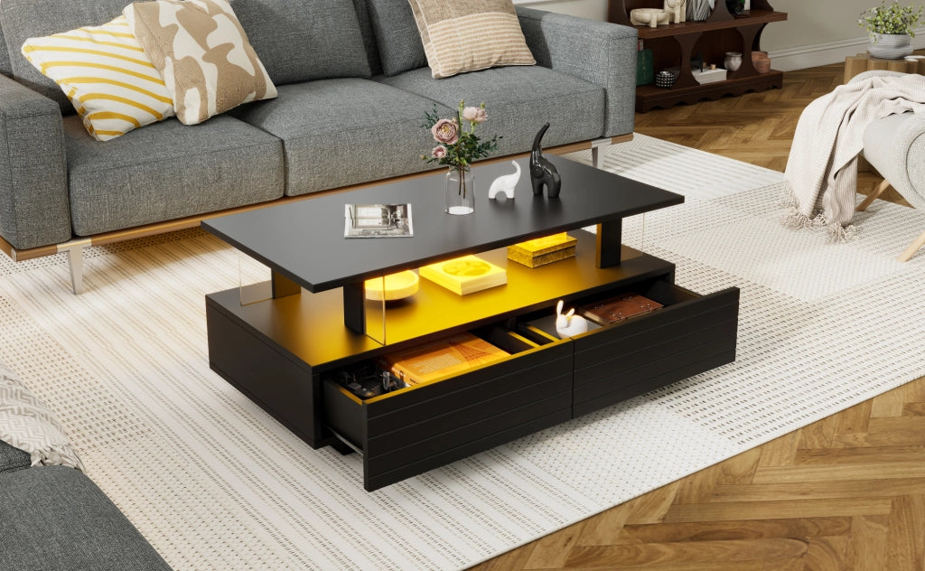 Tavolino LED nero in acrilico con doppio ripiano e controllo Bluetooth, 100x50x42 cm