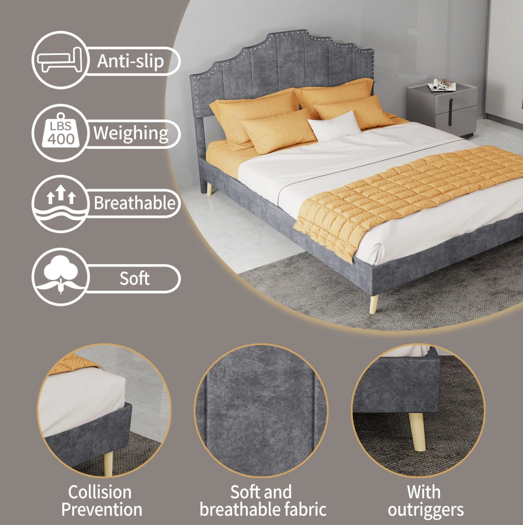 Letto moderno minimalista 140x200 cm con testiera imbottita in tessuto grigio, struttura bassa multifunzionale con materasso incluso