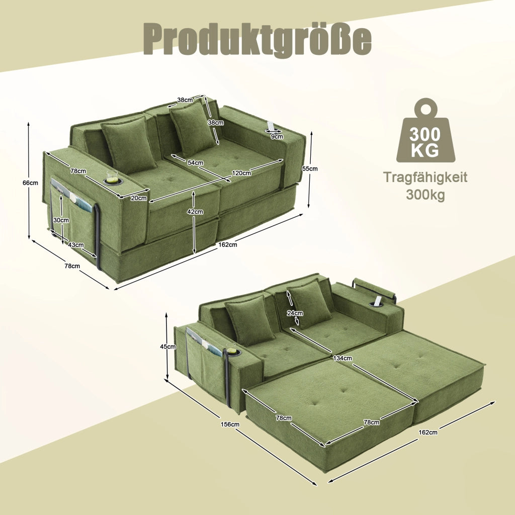 Divano modulare 2 posti - con tasche laterali e cuscini - in chenille verde