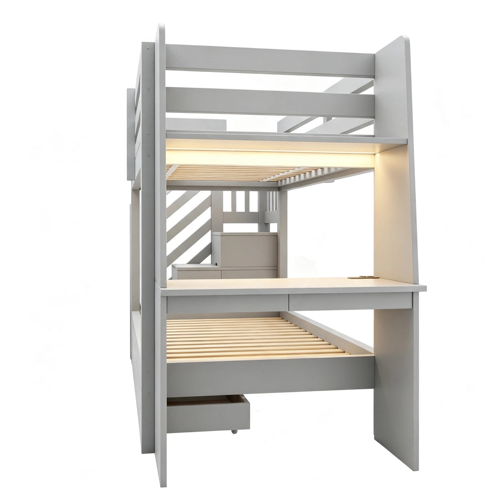Letto a castello 90x200 cm con scrivania; libreria; scala contenitore; LED e cassetti; grigio
