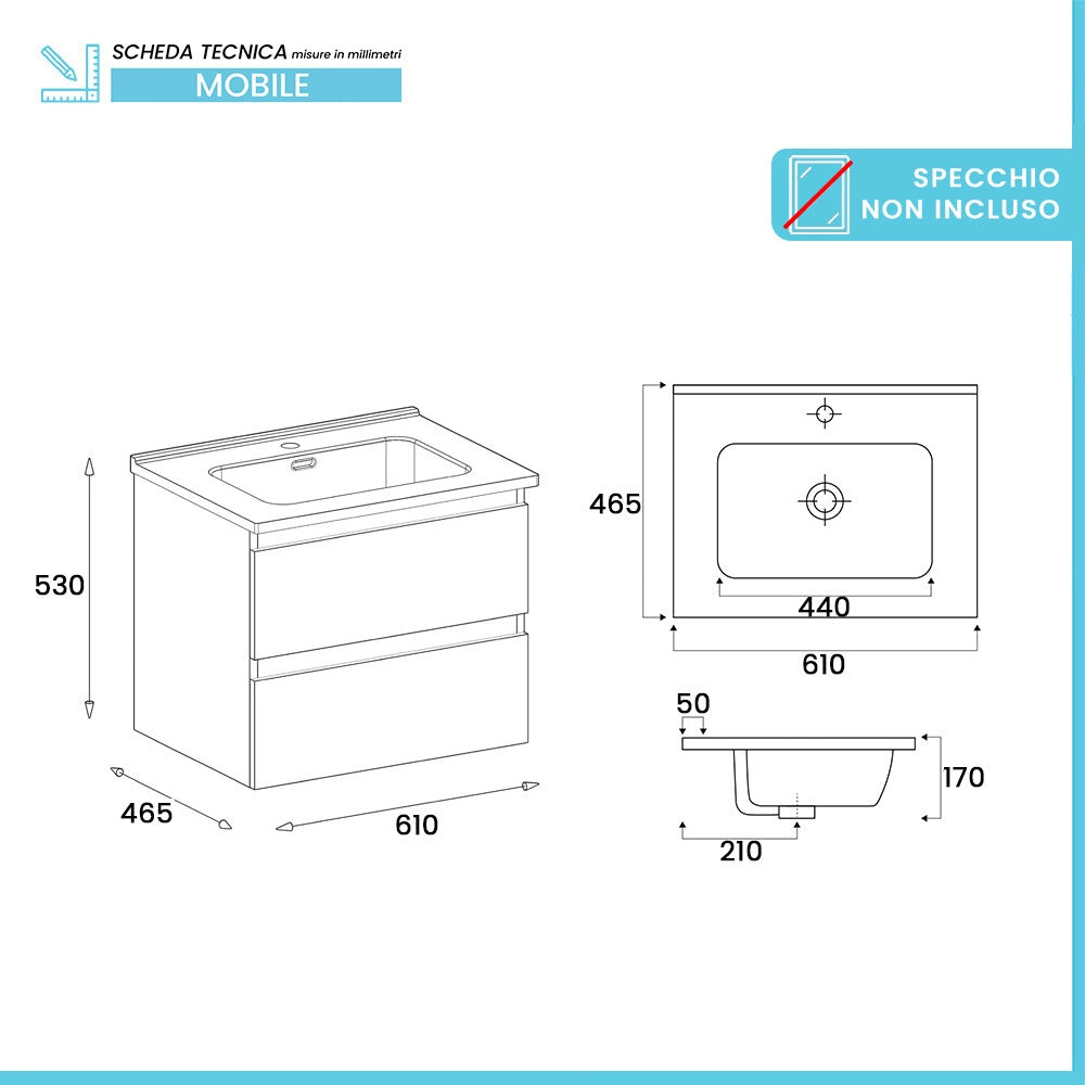 Mobile bagno sospeso 60cm in legno quercia naturale 2 cassettoni con lavabo Leda