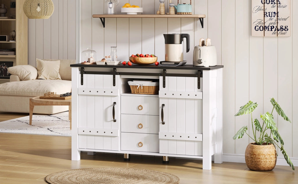 Sideboard bianco in legno rustico con 2 ante scorrevoli e 3 cassetti, larghezza 120 cm