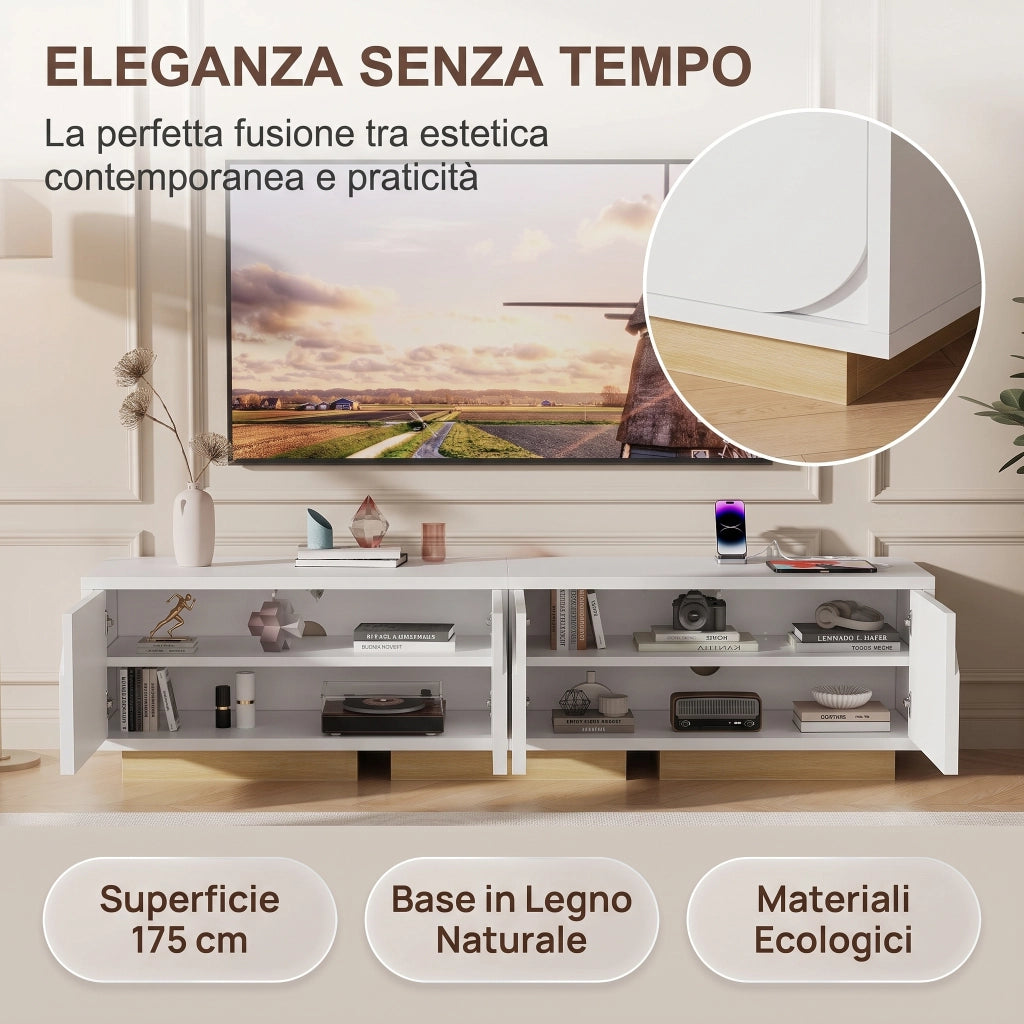 Mobile TV Moderno 175x40x42 cm;Mobile Basso per Soggiorno;Porta di ricarica;Ripiani Regolabili;Supporta TV fino a 80";Bianco