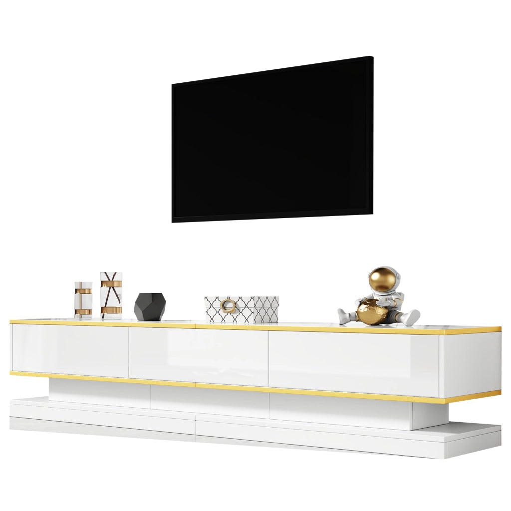 Set mobile TV 200 cm e tavolino 100 cm con 5 cassetti in truciolare bianco e oro