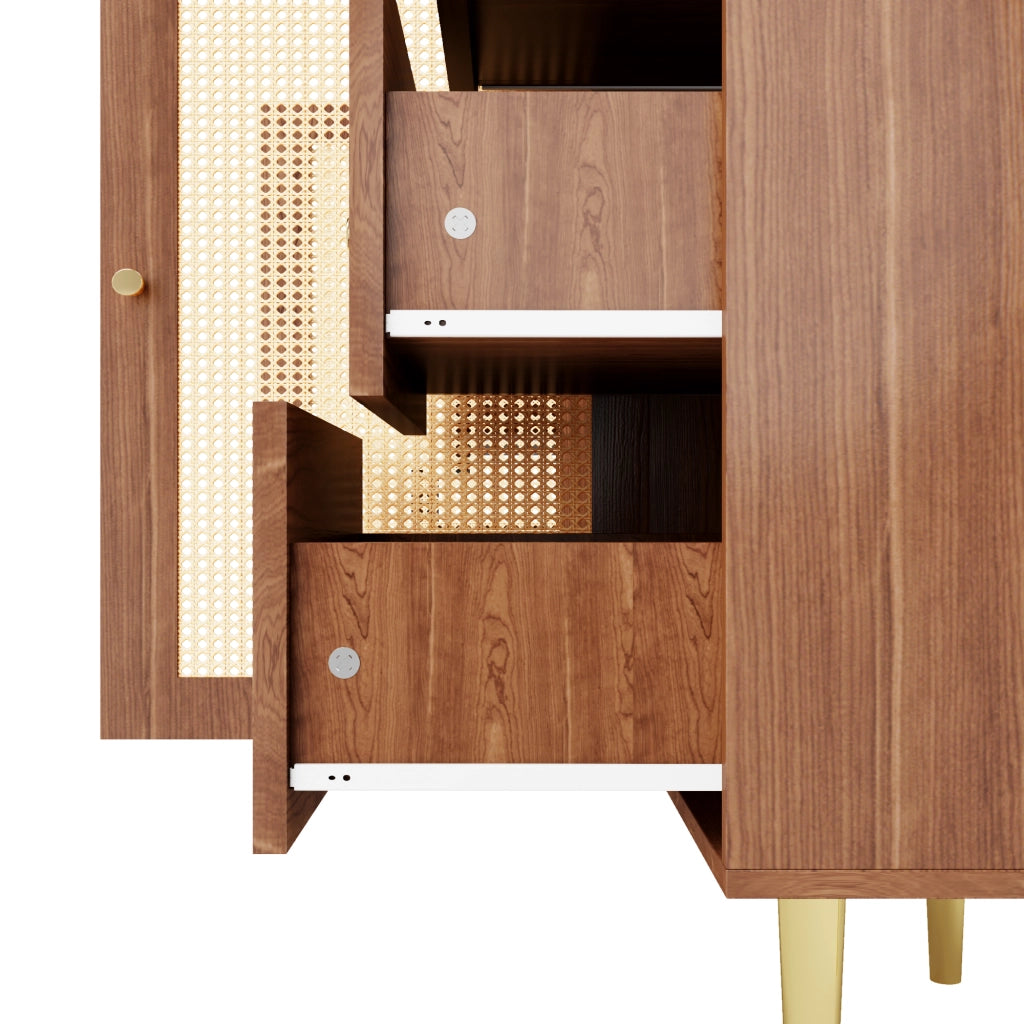 Madia per soggiorno con sei cassetti e due ante in MDF con porte in rattan color legno 160 × 40 × 90 cm