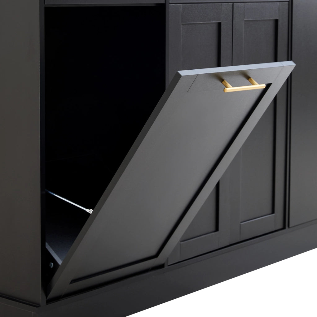 Isola da cucina con piano pieghevole 120 cm, armadietto nero con spazio per pattumiera, ripiano laterale estraibile e 3 cassetti