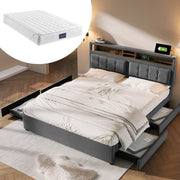 Letto imbottito 140x200 cm grigio con 4 cassetti e USB-C